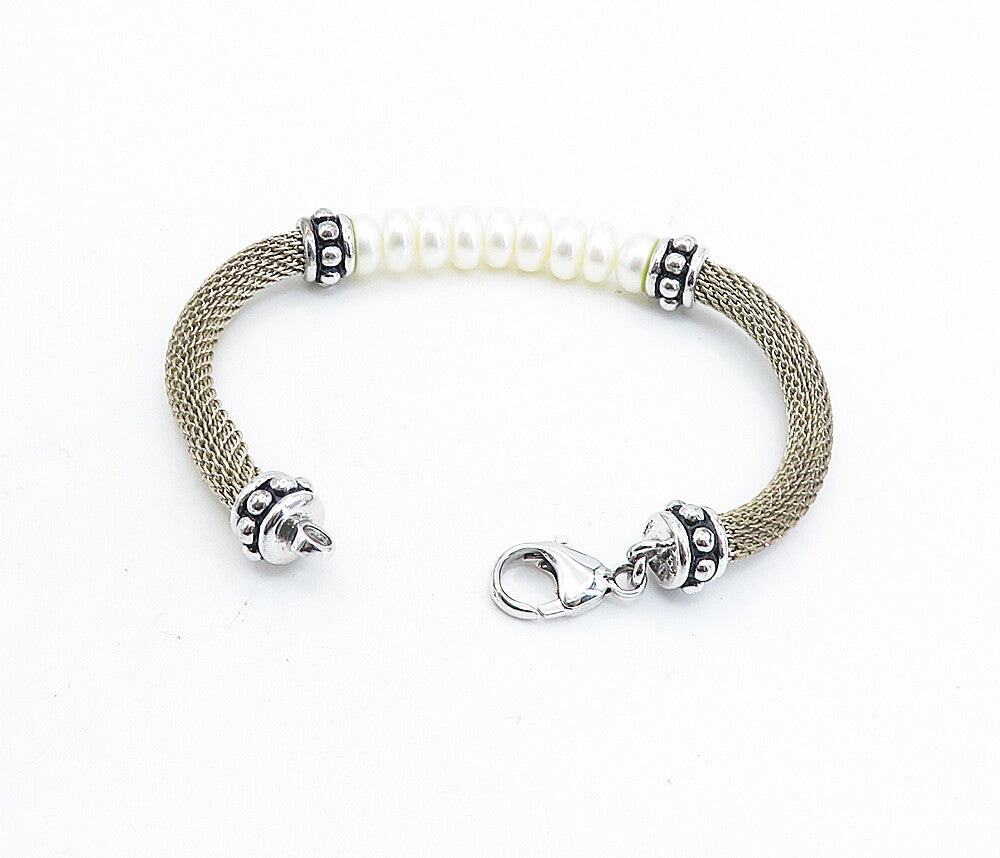 925 Sterling Silver   Vintage Button Pearls Beaded Mesh Chain Bracelet  BT3225