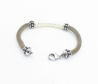 925 Sterling Silver   Vintage Button Pearls Beaded Mesh Chain Bracelet  BT3225