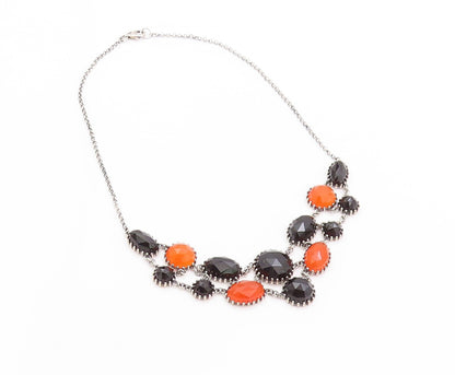 925 Sterling Silver Vintage Necklace Oval & Round Cut Carnelian & Onyx  NE4557