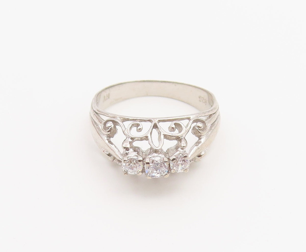 925 Sterling Silver Vintage Ring Three Stone CZ Openwork Band  Sz 6  RG36872