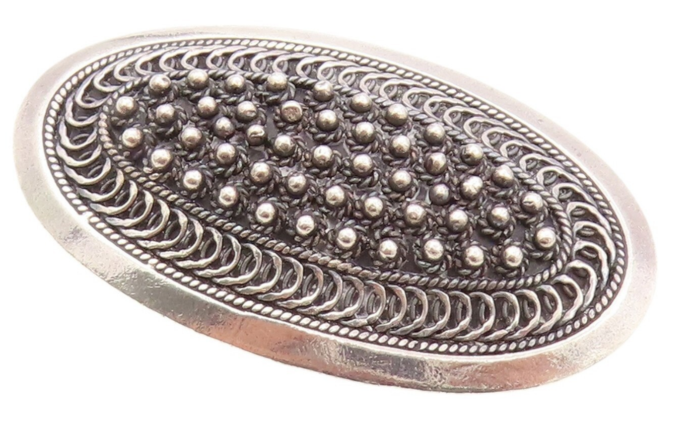 925 Sterling Silver Vintage Brooch Dark Tone Antique Oval Bead Carved  BP11515