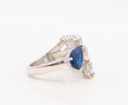 925 Sterling Silver Vintage Ring Designer Drop Cut Topaz Sapphire  Sz 8  RG30059