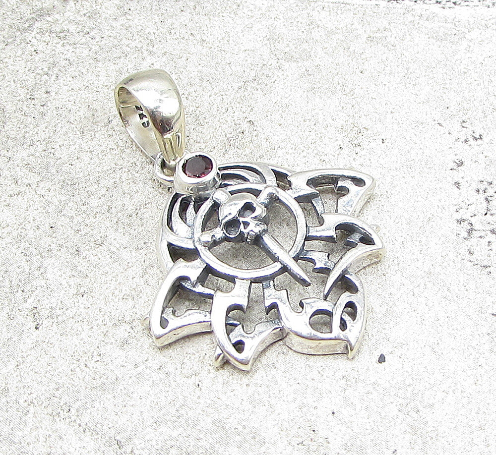 925 Sterling Silver  Vintage Red Garnet Skull Dagger Drop Pendant  PT1417