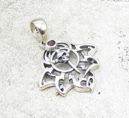 925 Sterling Silver  Vintage Red Garnet Skull Dagger Drop Pendant  PT1417