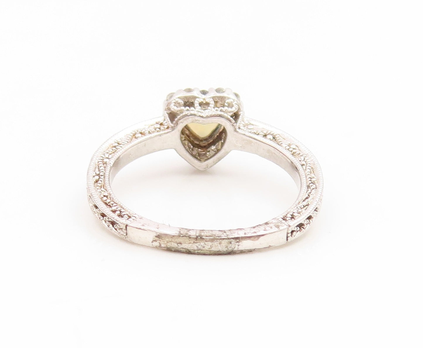 925 Sterling Silver Vintage Ring White Opal & Real Diamonds Heart  Sz 7  RG35067