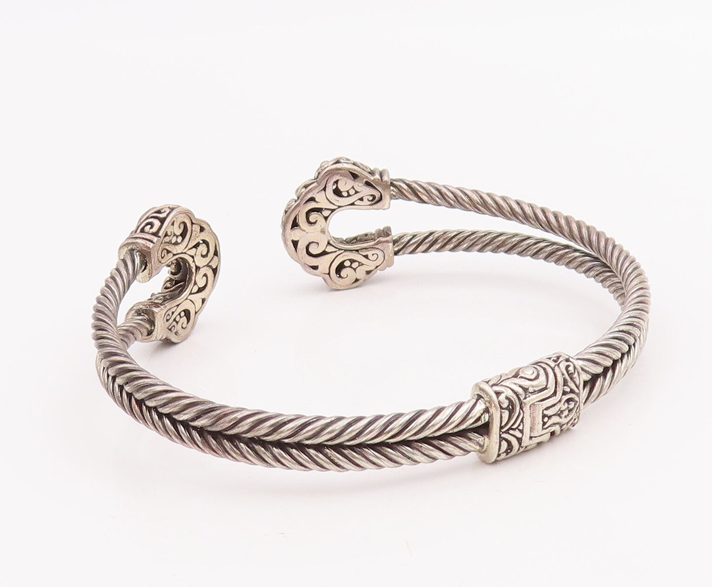925 Sterling Silver Vintage Bracelet Diamonds Inlay Swirly Carved Cuff  BT10607