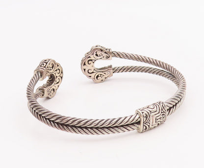 925 Sterling Silver Vintage Bracelet Diamonds Inlay Swirly Carved Cuff  BT10607