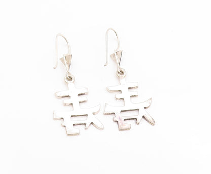 925 Sterling Silver Vintage Earrings Chinese Longevity Shou Sign Dangles EG13693