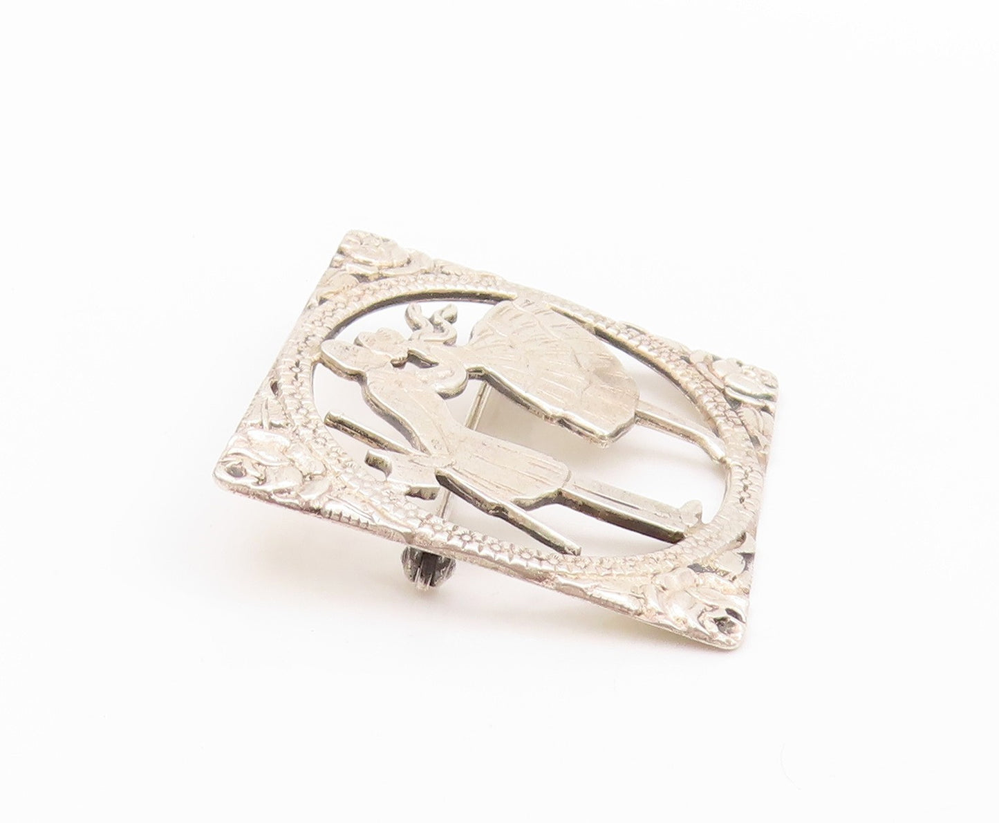 925 Sterling Silver Vintage Brooch Floral Framed Kissing Couple  BP11641
