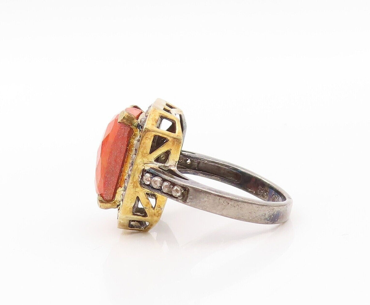 925 Sterling Silver Vintage Ring Square Orange Gemstone & Diamonds Sz 7  RG30180