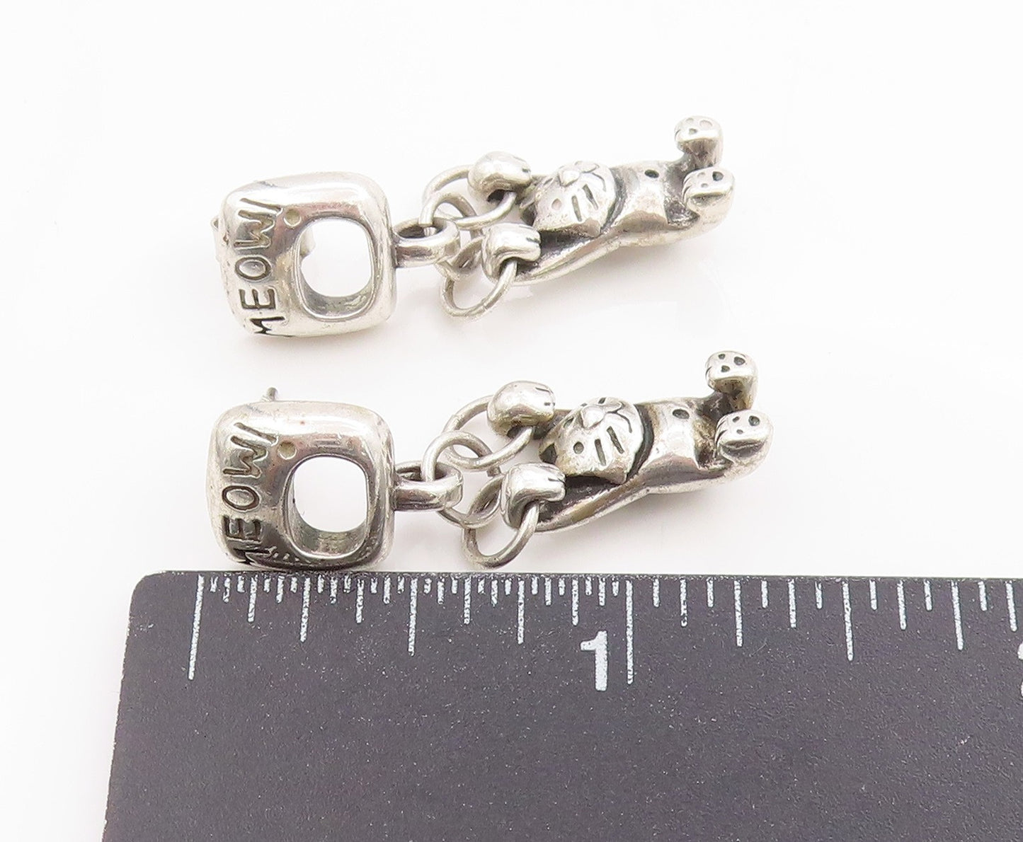 925 Sterling Silver Vintage Earrings Hanging Meow Cat Companion Dangles  EG13687