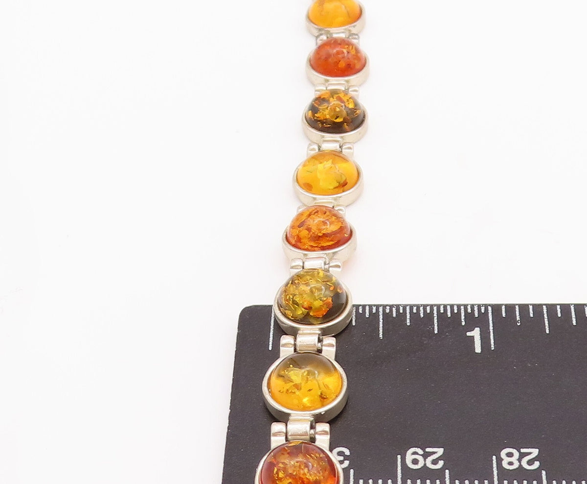 925 Sterling Silver Vintage Bracelet Round Honey Amber Hinged Links  BT10667