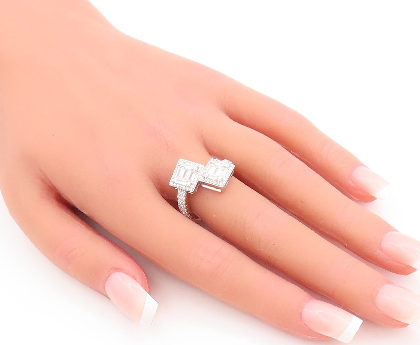 925 Sterling Silver Vintage Ring Square Cut Halo CZ Bypass Band  Sz 7.5  RG29045