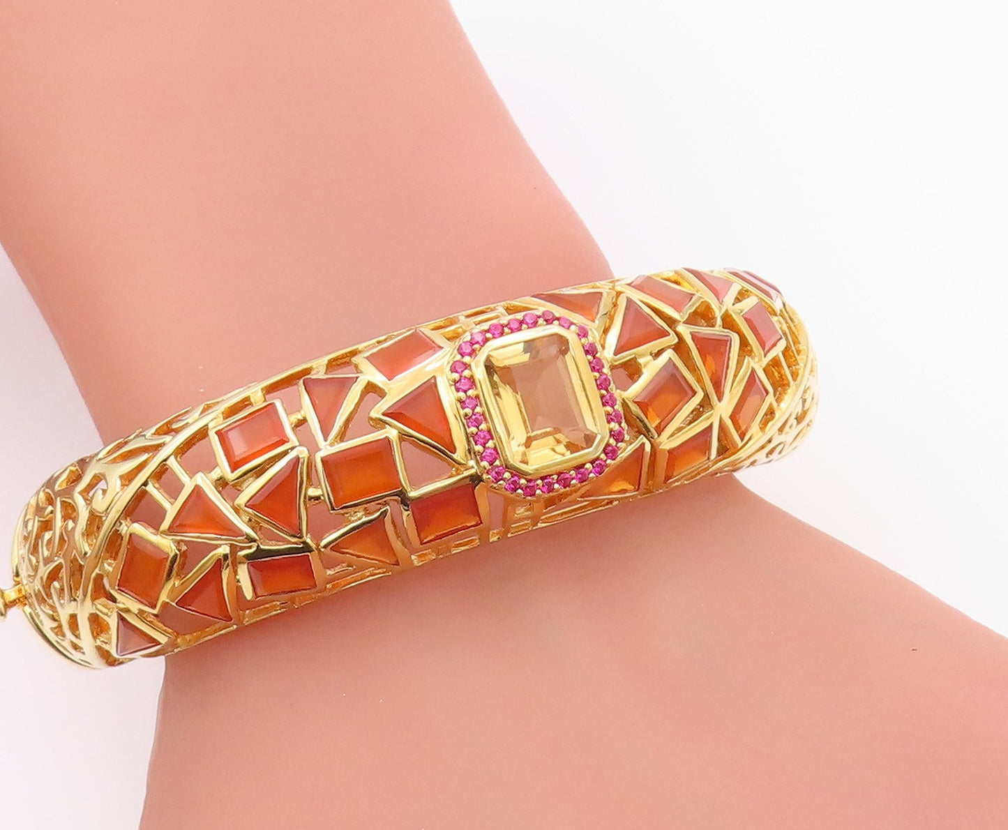 925 Sterling Silver Vintage Bracelet Gold Plated Ruby & Citrine Bangle BT11336