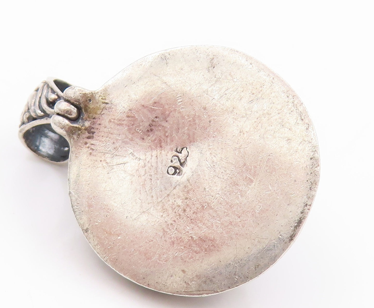 925 Sterling Silver Vintage Pendant Pearl Halo Dark Tone Swirls Carved  PT24104