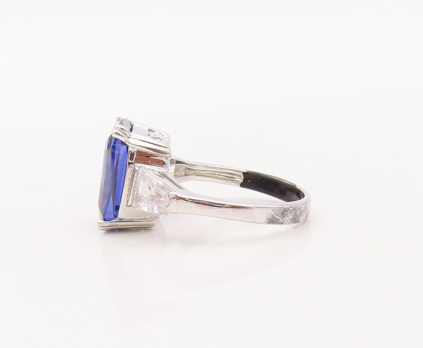 925 Sterling Silver Vintage Ring Rectangle Sapphire & CZ  Sz 7  RG30688