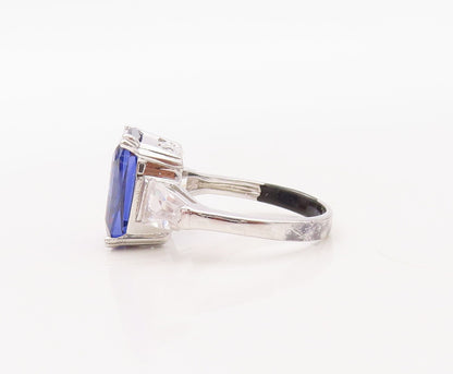925 Sterling Silver Vintage Ring Rectangle Sapphire & CZ  Sz 7  RG30688