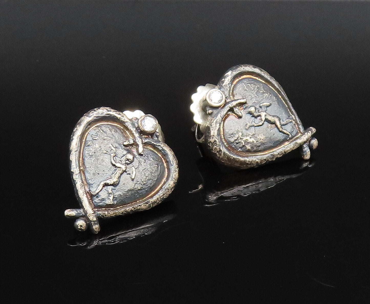 DESIGNER 925 Silver  Vintage Carved Figure Heart Shaped Topaz Earrings EG12187