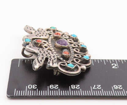 925 Sterling Silver Vintage Brooch Pin MEXICO Multi Gemstone Dove Bird  BP12433