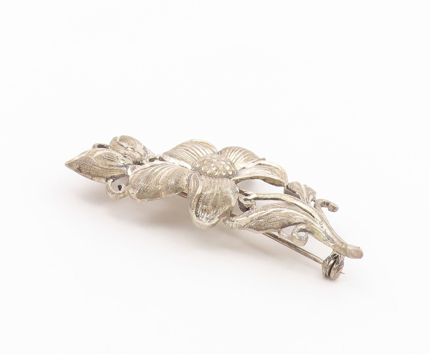 925 Sterling Silver  Vintage Shiny Etched Single Flower Brooch Pin  BP4888