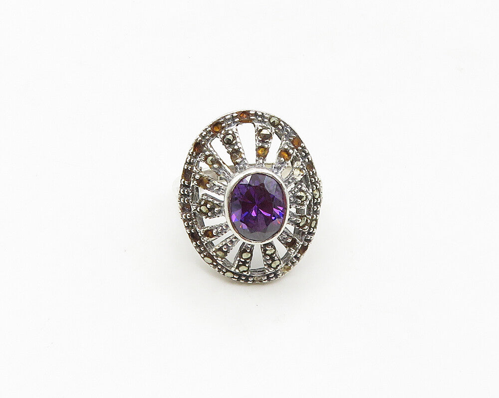 925 Sterling Silver Amethyst & Marcasite Cutout Cocktail Ring Sz 5  RG17459