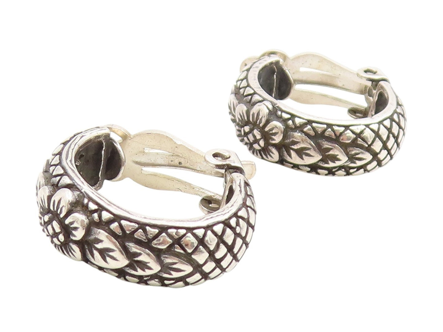 925 Sterling Silver Vintage Earrings STEPHEN DWECK Floral Hoop Clip On  EG13788
