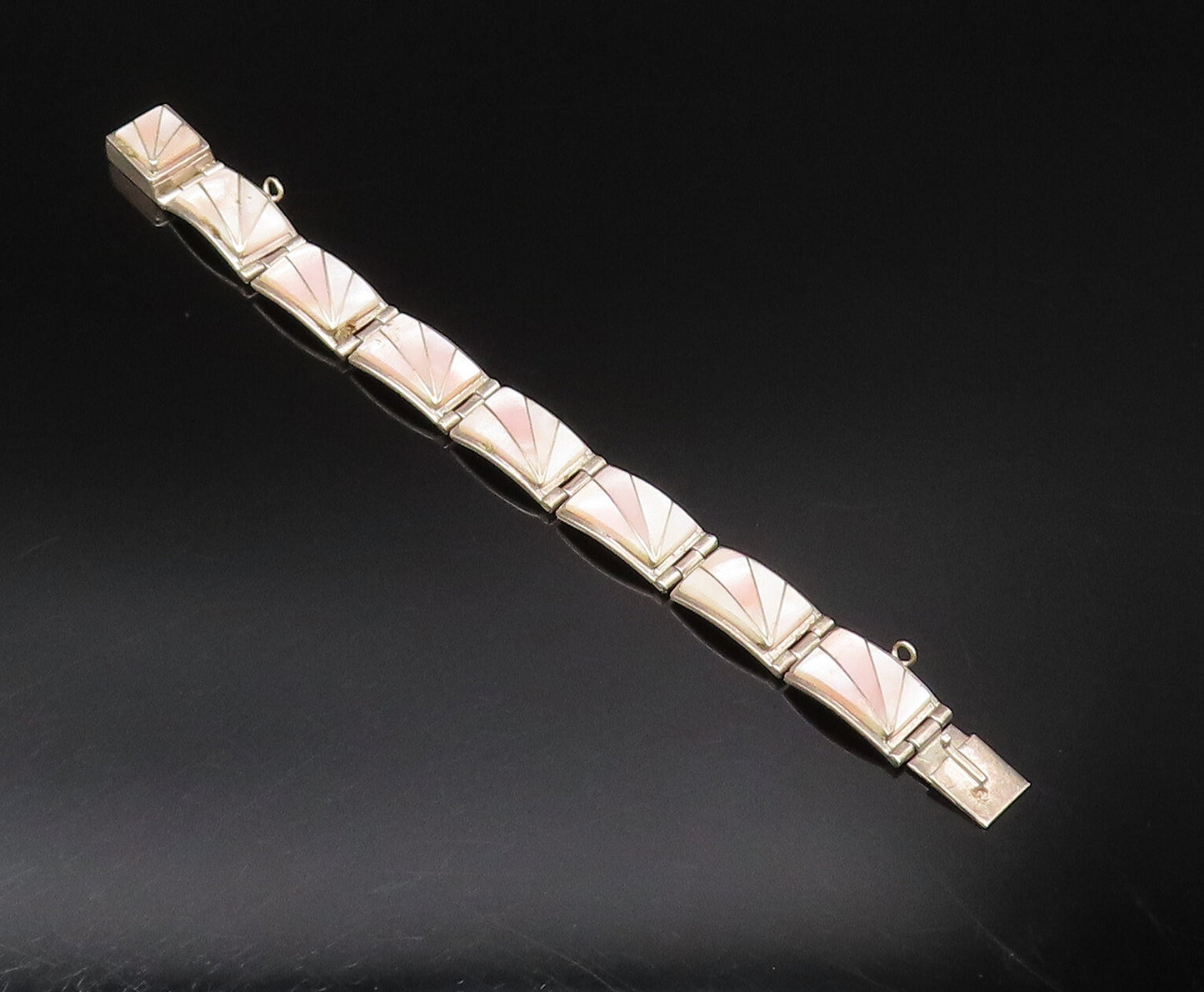 TEME NAVAJO 925 Silver  Vintage Rectangle Mother Of Pearl Link Bracelet BT9698