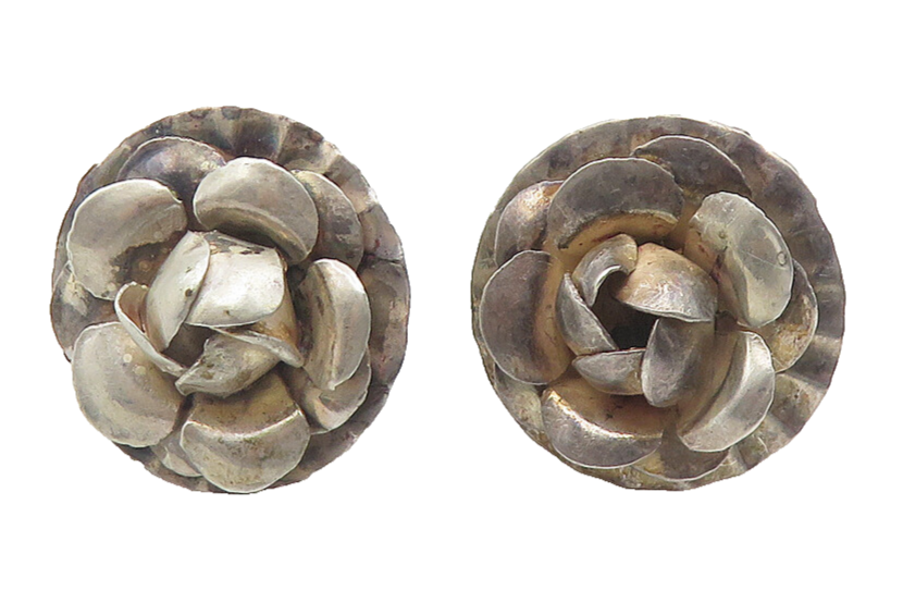 MEXICO 925 Sterling Silver  Vintage Sculpted Flower Non Pierce Earrings EG6027