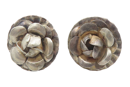 MEXICO 925 Sterling Silver  Vintage Sculpted Flower Non Pierce Earrings EG6027