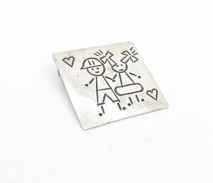 MEXICO 925 Sterling Silver  Vintage Etched Children Love Brooch Pin  BP1900