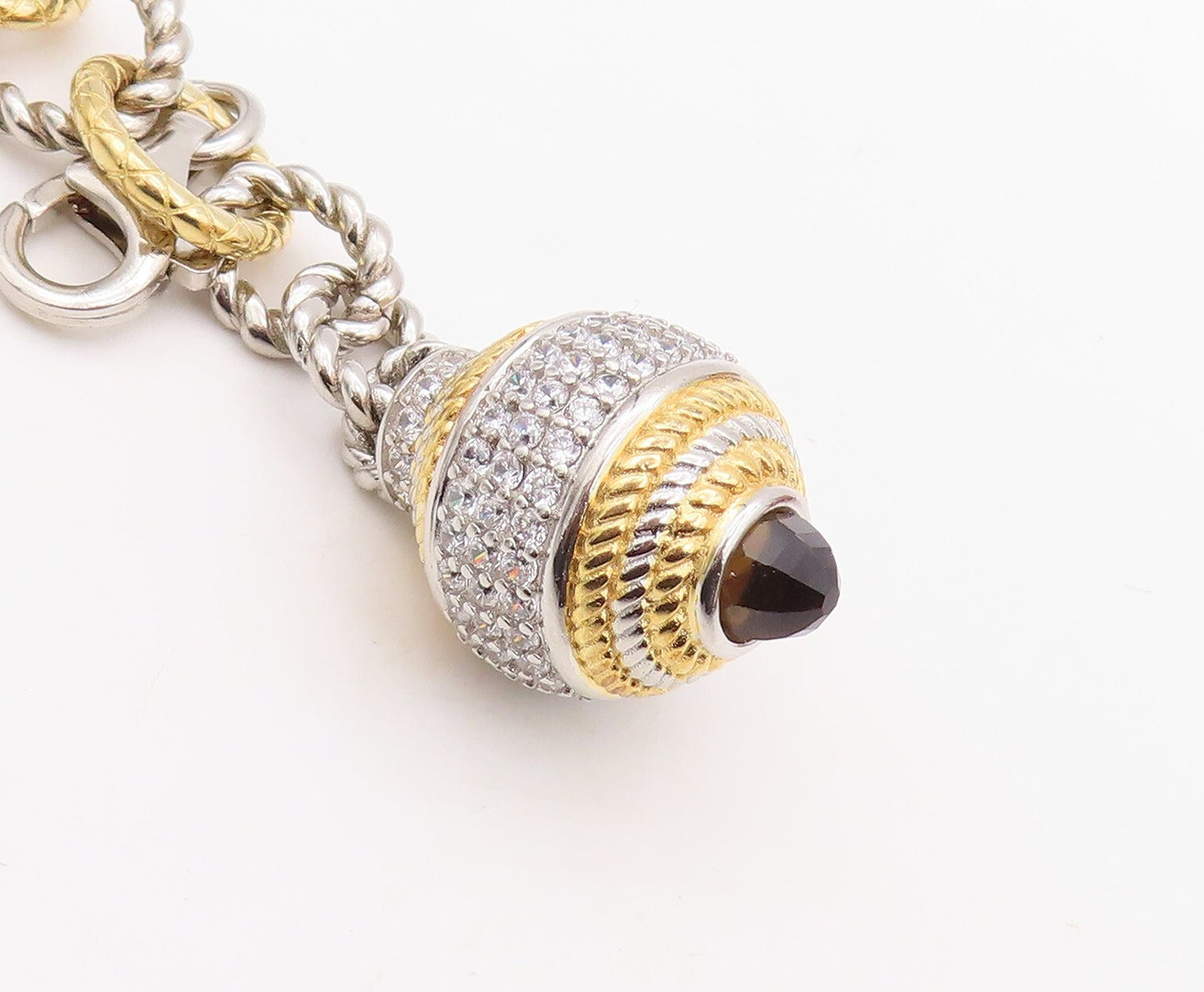 925 Sterling Silver Vintage Bracelet Gold Plated Smoky Quartz & CZ Ball  BT10839
