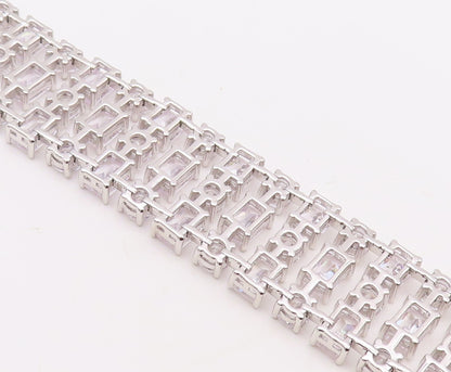 925 Sterling Silver Vintage Bracelet Multi Shape Linked Broad CZ Band  BT10875