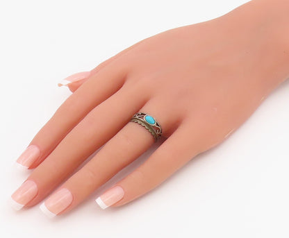 925 Sterling Silver Vintage Ring Cabochon Turquoise Openwork Band  Sz 6  RG36876