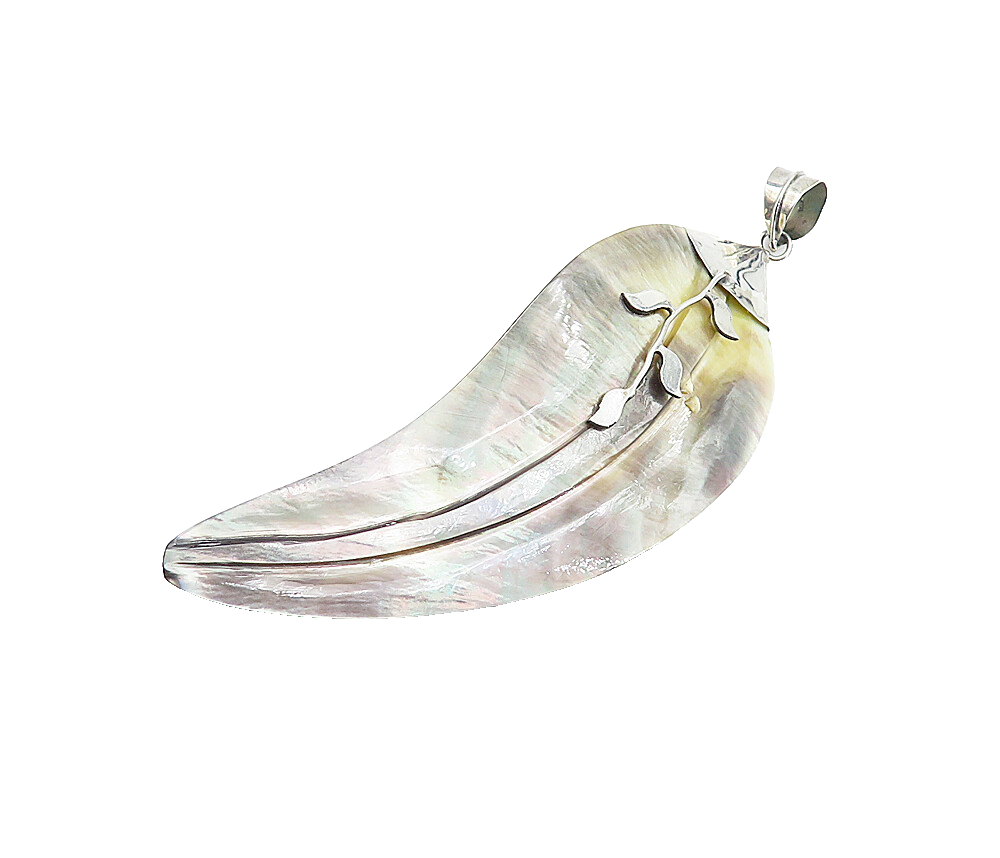 925 Sterling Silver  Vintage Mother Of Pearl Single Leaf Vine Pendant  PT6077