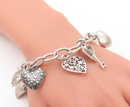 925 Sterling Silver Vintage Bracelet Minimalist Carved Dangling Hearts  BT10928