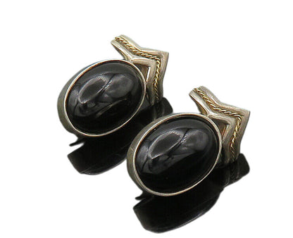 925 Sterling Silver & 14K GOLD  Vintage Black Onyx Non Pierce Earrings EG10824