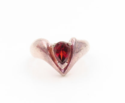 925 Sterling Silver Vintage Ring Pear Cut Garnet Spiky Design Band Sz 6 RG35057