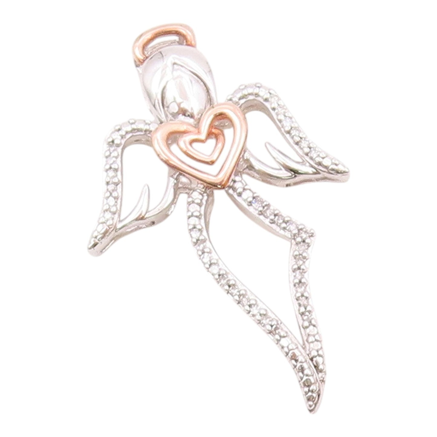 925 Silver  Vintage Two Tone Angel & Heart Genuine Diamonds Pendant  PT21904