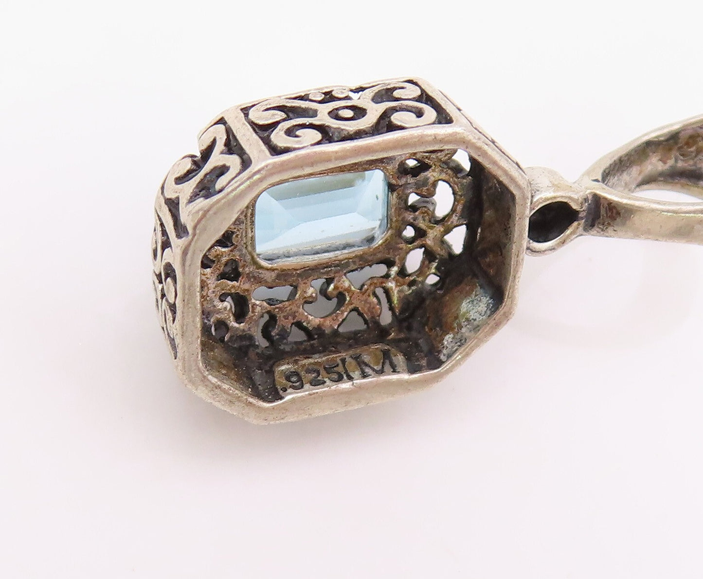 925 Sterling Silver Vintage Pendant Rectangle Blue Topaz Swirly Carved  PT23905