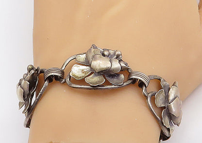 JEWELART 925 Sterling Silver  Vintage Sculpted Flower Chain Bracelet  BT1459