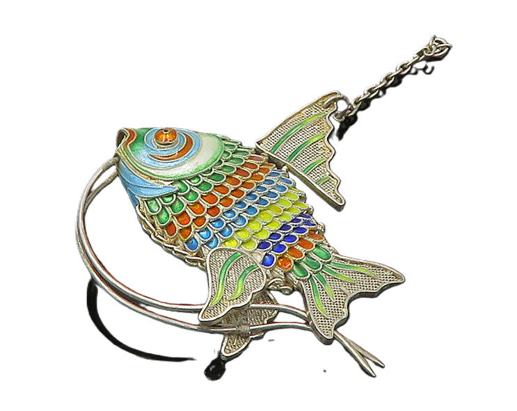 925 Sterling Silver  Vintage Hollow Enamel Fish Pendant (MOVES)  PT17733