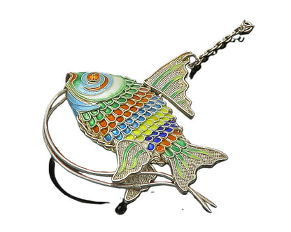 925 Sterling Silver  Vintage Hollow Enamel Fish Pendant (MOVES)  PT17733