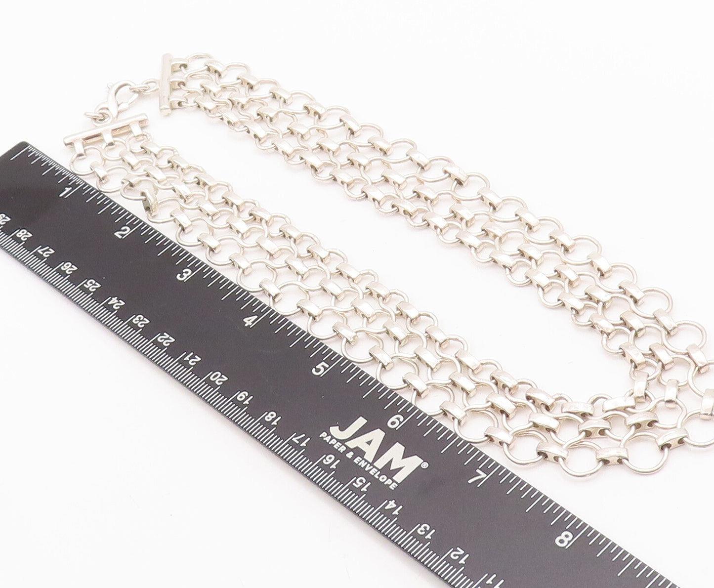 925 Sterling Silver Vintage Necklace Cutout Triple Ring Linked Chains  NE4290