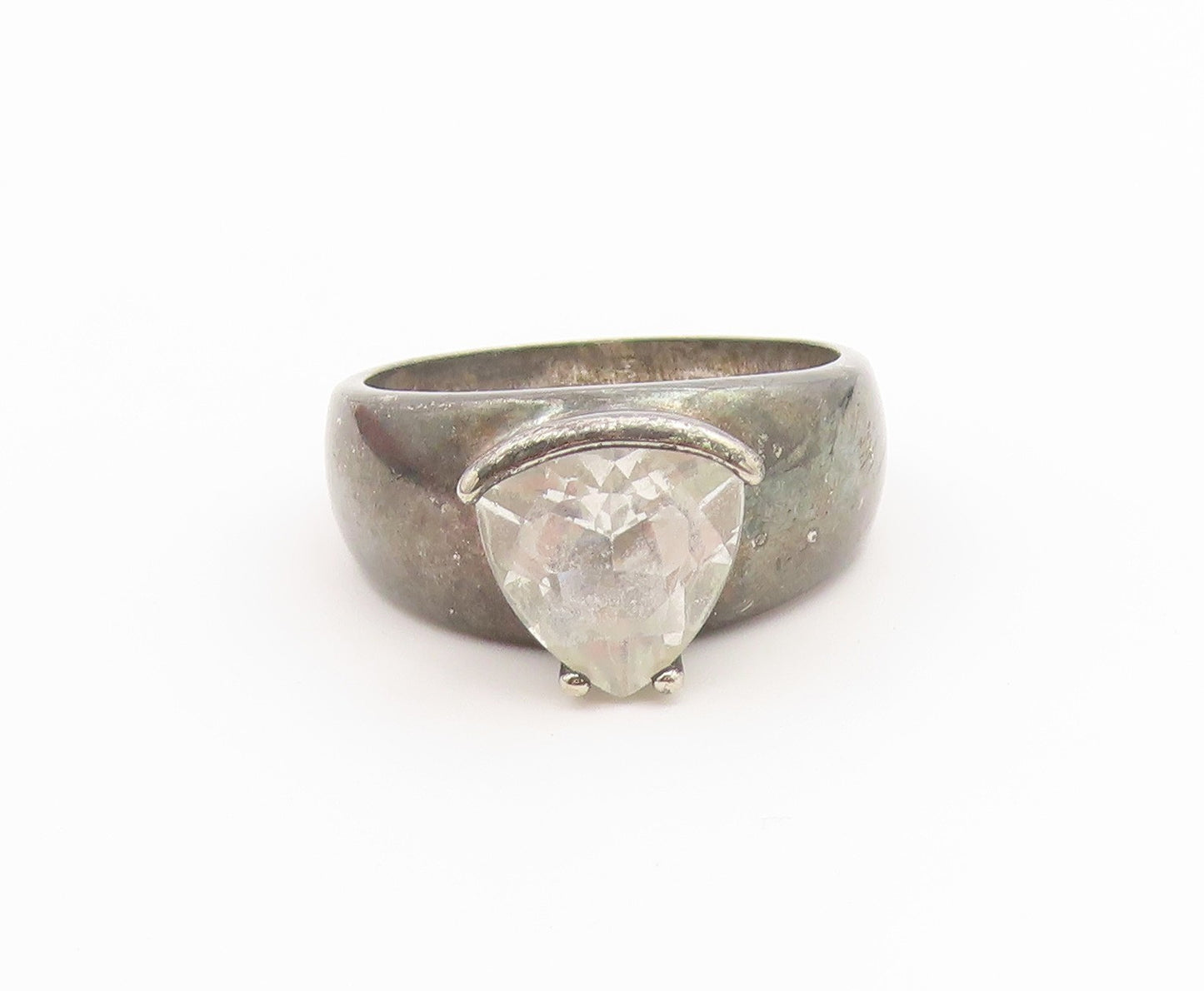 925 Sterling Silver Vintage Ring Trillion Cut CZ Solitaire Band  Sz 10  RG36944