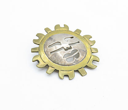 MEXICO 925 Sterling Silver  Vintage 2 Tone Shining Sun Face Brooch Pin  BP2496
