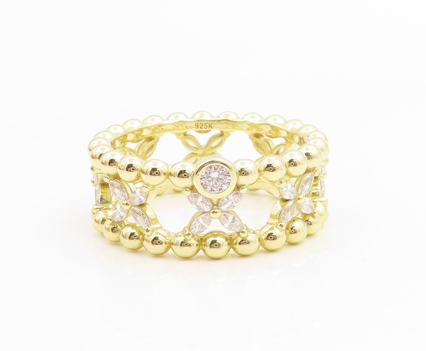 925 Sterling Silver Vintage Ring Gold Plated CZ Floral Link Band  Sz 10  RG35718