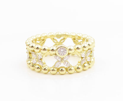 925 Sterling Silver Vintage Ring Gold Plated CZ Floral Link Band  Sz 10  RG35718