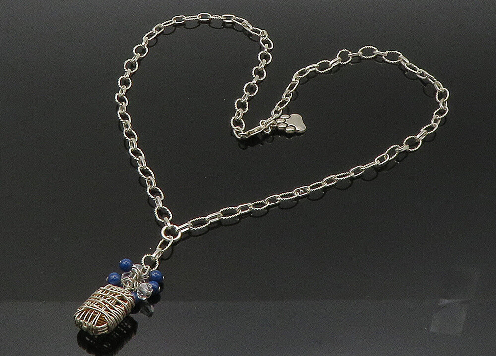 925 Sterling Silver  Vintage Lapis Lazuli Paw Print Chain Necklace  NE3574