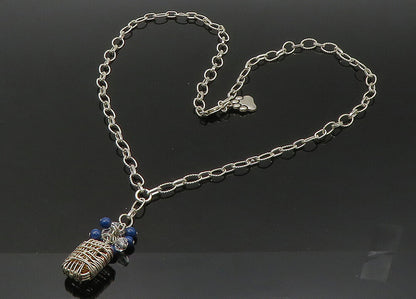 925 Sterling Silver  Vintage Lapis Lazuli Paw Print Chain Necklace  NE3574