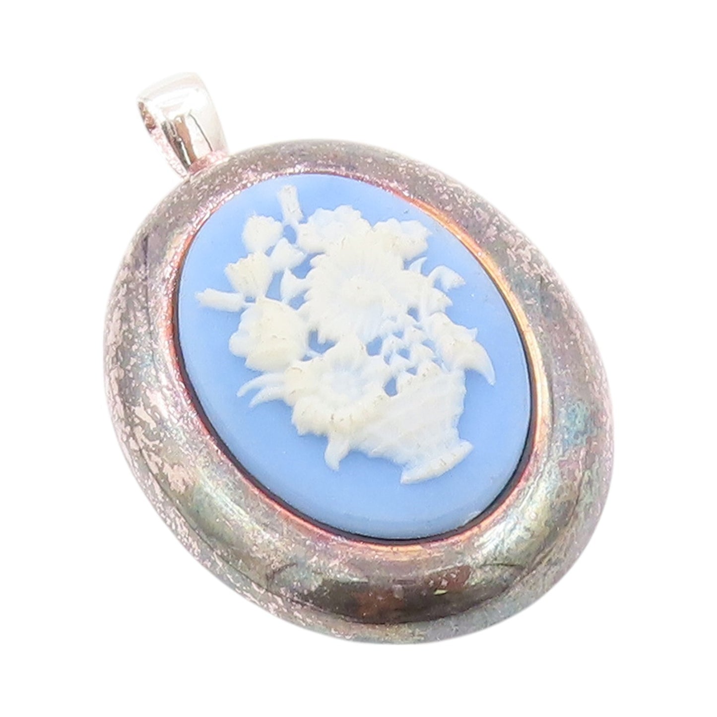 925 Sterling Silver Vintage Brooch Pin Blue Flower Vase Cameo  BP11594